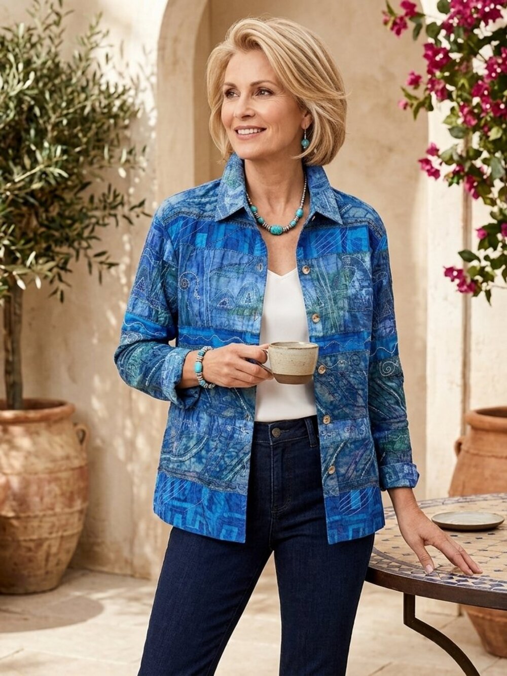 Chico's Women XL Sz 3 Silk Rayon Beaded Embroidered Abstract Jacket Blue Boho
